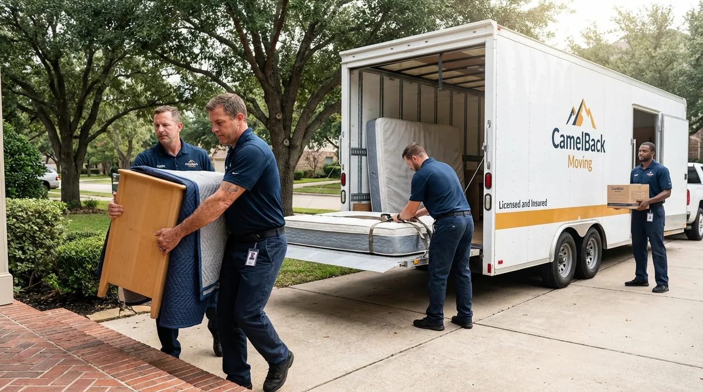 Crew loading residential truck for cross-state move from Brewster, OH