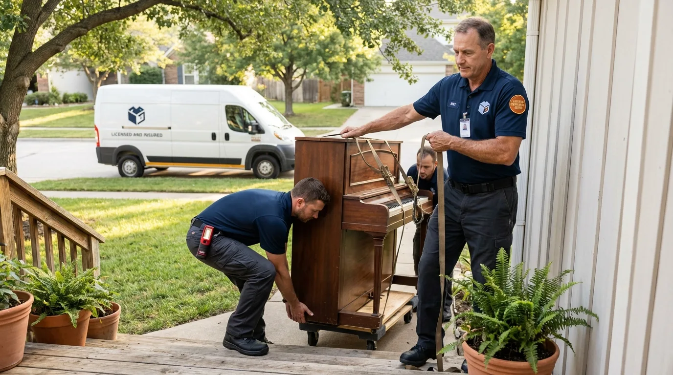 Licensed piano movers securing grand piano in Brewster, OH