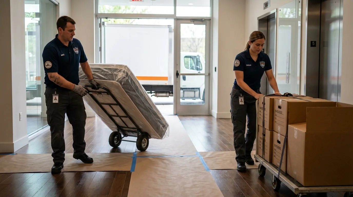 Professional apartment movers loading elevator in Brewster, OH